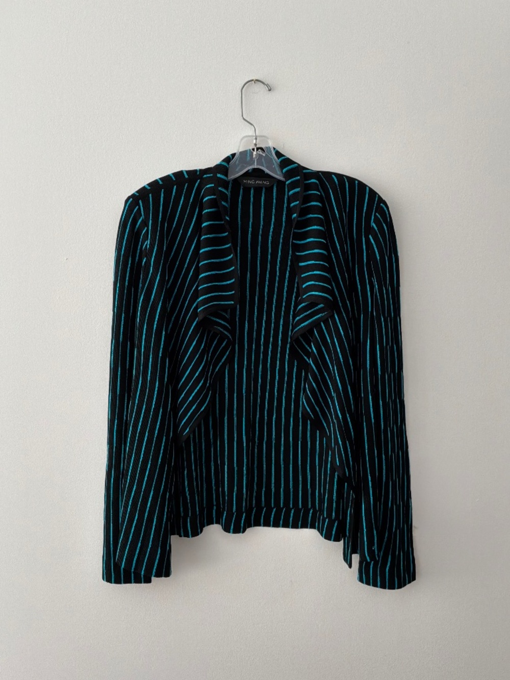 MING WANG Black Turquoise Stripe Knit Cardigan Jacket Pit-to-Pit 20”, S/M.